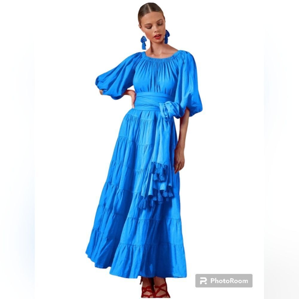 Erika Peña Size Small Light Blue Brielle Boho Off the Shoulder Cotton Maxi Dress